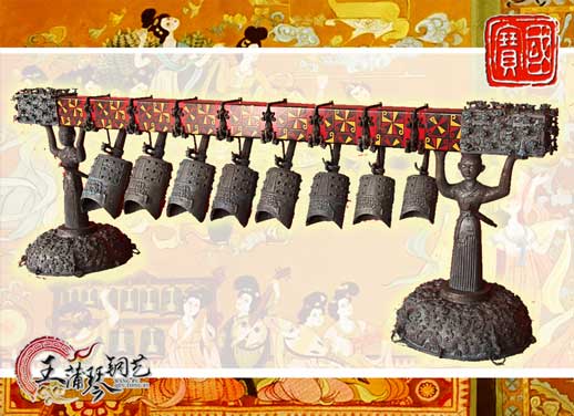 8件古編鐘，銅人銅座裝飾，可發(fā)音